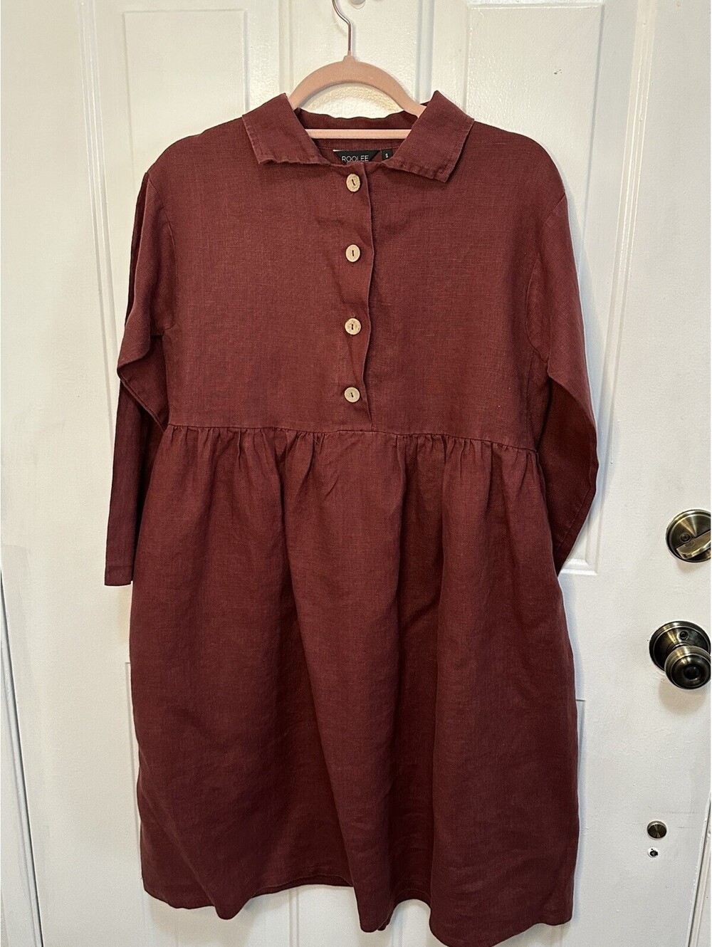 Roolee Mauve  Long Sleeve Linen Midi Dress Size S
